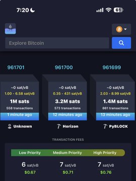 A mobile screenshot displays real-time Bitcoin transaction fees and mempool activity, showing sats/vB rates ranging from 6 ($0.67) for low priority to 7 ($0.76) for high priority, with recent transactions like "1M sats" and "3.2M sats" listed alongside their wait times. The "Running Bitcoin" caption fits the image as it captures the live, ongoing nature of the Bitcoin network's transaction processing.