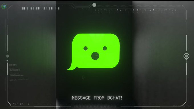 A digital graphic with a dark green background displays a bright green speech bubble icon and the text "MESSAGE FROM BCHAT!" surrounded by HUD elements.