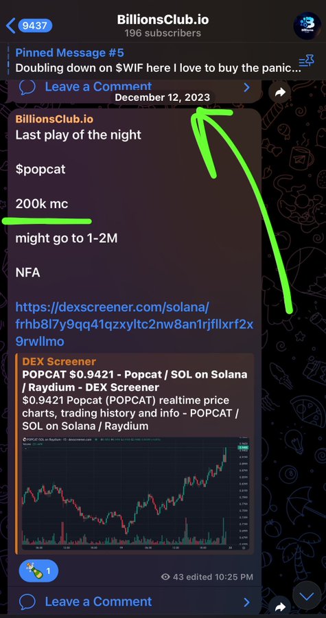 A Telegram channel screenshot from BillionsClub.io showing a message about $popcat at 200k mc that 'might go to 1-2M', with a pinned message about doubling down on $WIF.