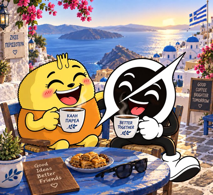 Two cartoon characters—a fluffy yellow creature holding a mug labeled "KAH ΠΑΡΕΑ" and a black ninja-style figure with a coffee cup reading "BETTER TOGETHER"—share coffee at a seaside café in Santorini, with signs displaying "ΖΗΣΕ ΠΕΡΙΣΣΟΤΕΡΑ" and "GOOD COFFEE BRIGHTER TOMORROW" nearby. The cozy scene ties into the post's invitation to continue the Bitcoin X tour with friends over coffee, capturing the warm, sociable spirit of reconnecting with fellow crypto enthusiasts.