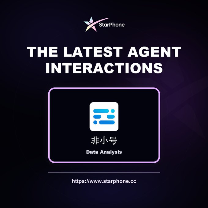 A StarPhone promotional graphic titled 'THE LATEST AGENT INTERACTIONS' featuring a card showing 'Data Analysis' with the Chinese text '非小号' (Feixiaohao) and the website https://www.starphone.cc.