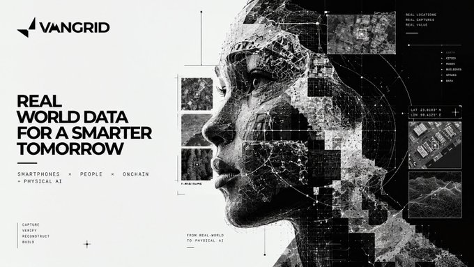 Promotional graphic for Vangrid featuring 'REAL WORLD DATA FOR A SMARTER TOMORROW' with an image of a face composed of aerial maps and data overlays.