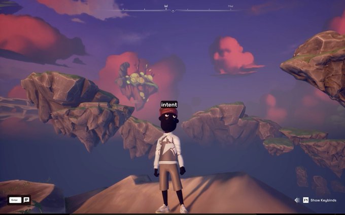 A video game screenshot showing a player character named 'intent' standing on a floating platform in a surreal sky environment with pink clouds and floating islands.