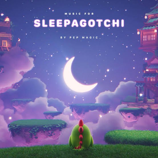 The image features a green dinosaur sitting alone in a grassy field, with a large moon visible above them. The background of the image depicts a night sky filled with stars, creating an atmosphere reminiscent of a dreamlike or fantastical setting. The post about @sleepagotchi network and its NFT collection suggests that this digital art is part of a larger ecosystem where users can engage with the platform by purchasing and owning digital artworks, which are then used to create a unique experience for the user.