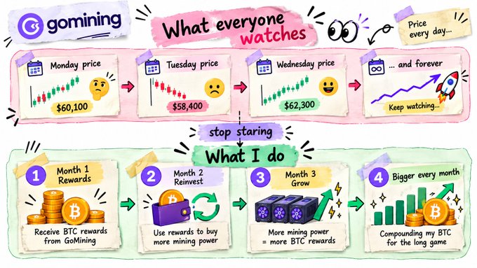 A colorful infographic by 'gomining' titled 'What everyone watches' vs 'What I do,' illustrating a strategy of receiving Bitcoin rewards, reinvesting in mining power, and compounding BTC.