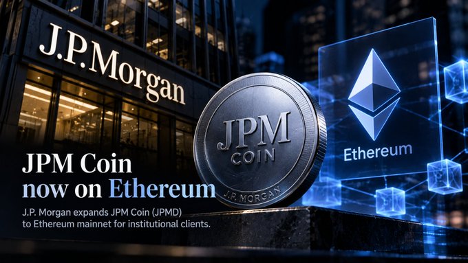 A promotional graphic showing the J.P. Morgan building and a JPM Coin, with text announcing 'JPM Coin now on Ethereum' and the Ethereum logo.