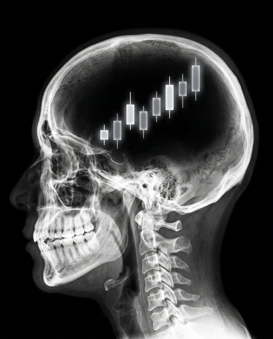 A lateral skull X-ray features a candlestick chart overlaid on the brain, humorously illustrating "Chronic chart exposure" — suggesting financial market analysis has consumed the trader's mind.