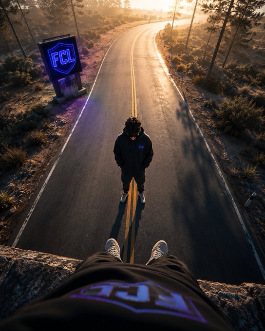 An aerial perspective shot of two people in FCL-branded hoodies standing on a sunlit road, with a glowing blue FCL sign visible on the side of the road.