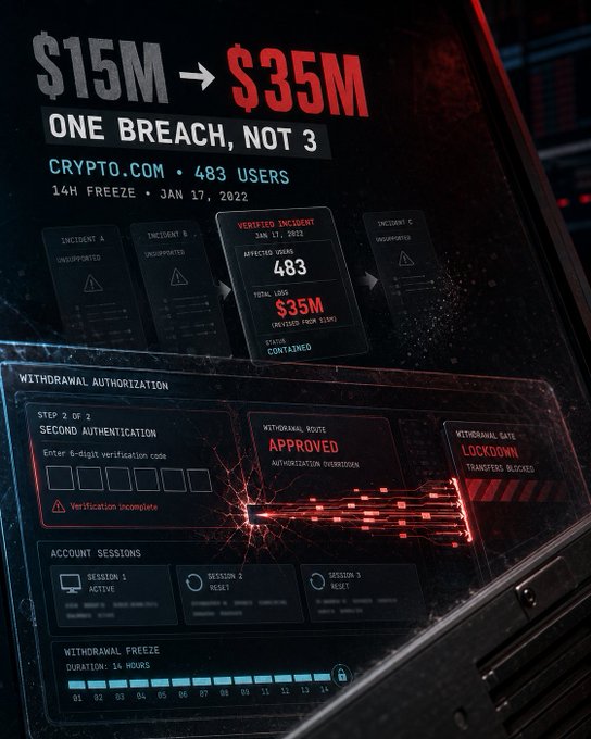 Cybersecurity incident infographic detailing a Crypto.com breach affecting 483 users, escalated losses from $15M to $35M, and a 14-hour withdrawal freeze on Jan 17, 2022.