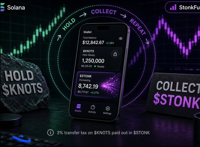 A promotional graphic for Solana shows a smartphone wallet displaying $KNOTS (1,250,000) and $STONK (8,742.19), surrounded by 'HOLD', 'COLLECT', 'REPEAT' text and stone blocks, noting a 3% transfer tax on $KNOTS paid in $STONK.