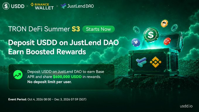 A green promotional banner for 'TRON DeFi Summer S3' advertises the event by Binance Wallet and JustLendDAO, encouraging users to 'Deposit USDD on JustLend DAO Earn Boosted Rewards'.