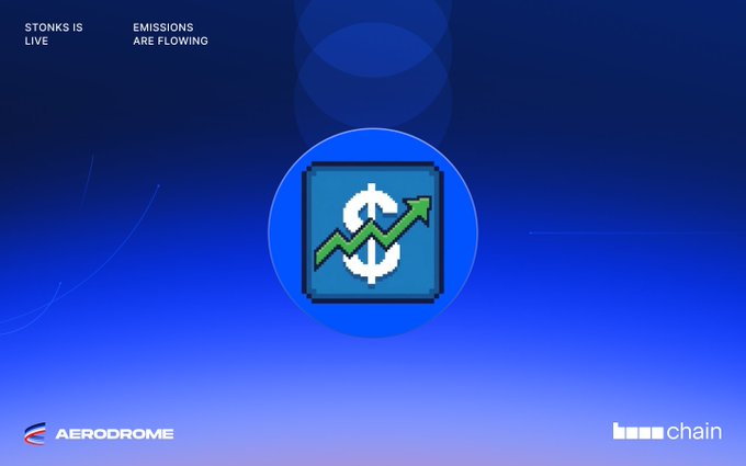 A graphic showing a blue circle with a dollar sign and an upward arrow, with the text 'STONKS IS LIVE' and 'EMISSIONS ARE FLOWING,' alongside the AERODROME and bnb chain logos.