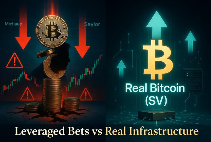 The image contrasts two Bitcoin investment approaches: the left side shows a precarious stack of coins with a Bitcoin symbol on top, warning triangles, red downward arrows, and a candlestick chart, labeled "Michael" and "Saylor," symbolizing leveraged and risky Bitcoin bets; the right side displays a glowing Bitcoin symbol with upward green arrows and the text "Real Bitcoin (SV)," representing stable infrastructure. The caption "Leveraged Bets vs Real Infrastructure" at the bottom reinforces the post's narrative about regulatory concerns surrounding Michael Saylor's Strategy Inc.