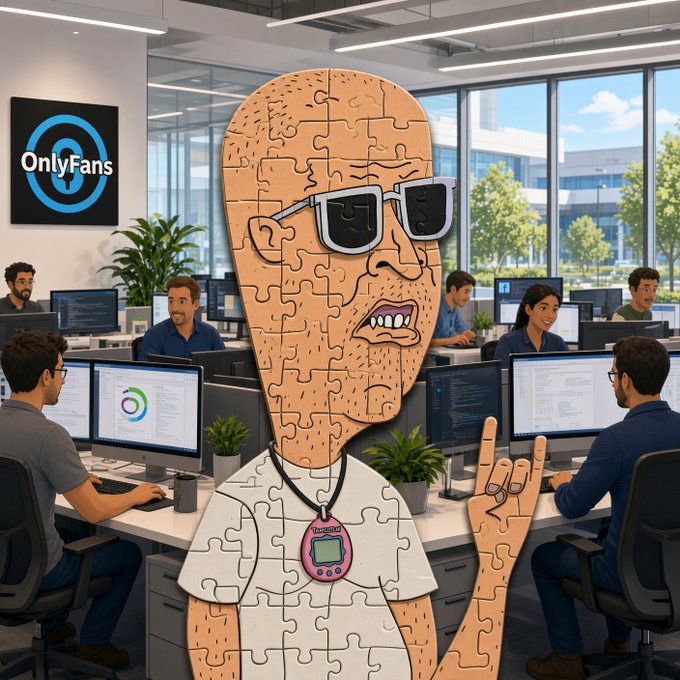 A jigsaw puzzle-patterned bald character wearing sunglasses and a Tamagotchi necklace stands in an office setting with developers working at computers, with an 'OnlyFans' logo visible on the wall behind them.