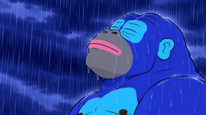 An illustration depicts a blue gorilla-like creature standing in the rain against a dark, cloudy night sky, with its eyes closed and a sad or pained expression on its face.