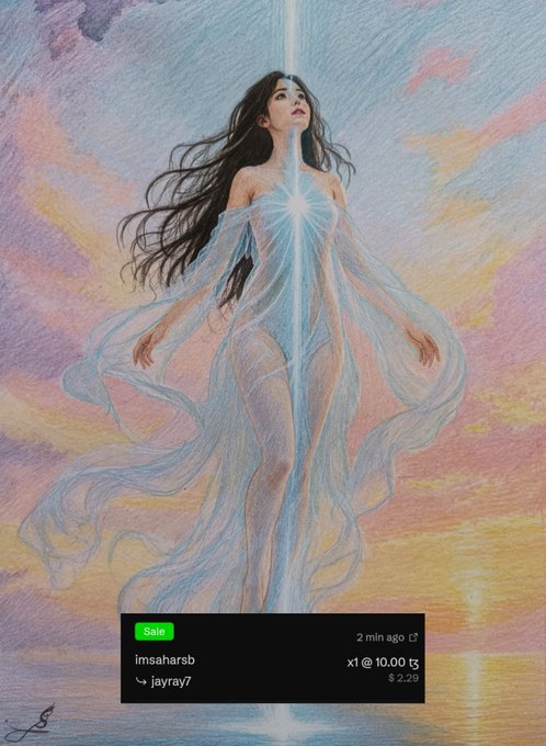 A pastel-colored digital artwork depicting a flowing goddess-like figure channeling a beam of light, sold by user "imsaharsb" to "jayray7" for $2.29 with a 10.00 ticker notation, marked as sold 2 minutes ago.
