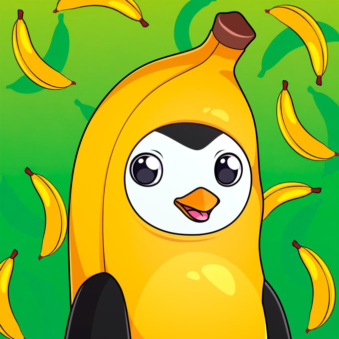 An illustration of a penguin character wearing a banana peel costume with its arms sticking out, set against a green background patterned with floating bananas.