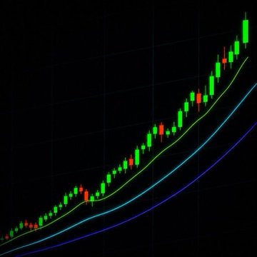 A candlestick chart displaying an upward price trend with green and red candles, overlaid with three moving average lines (green, cyan, and blue), illustrating a strong bullish trajectory in line with the post's claim of Bitcoin potentially reaching $700,000.