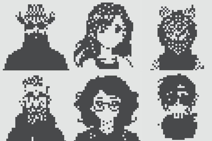 Six black and white pixel-art portraits arranged in two rows, depicting mysterious hooded or masked figures with obscured faces.