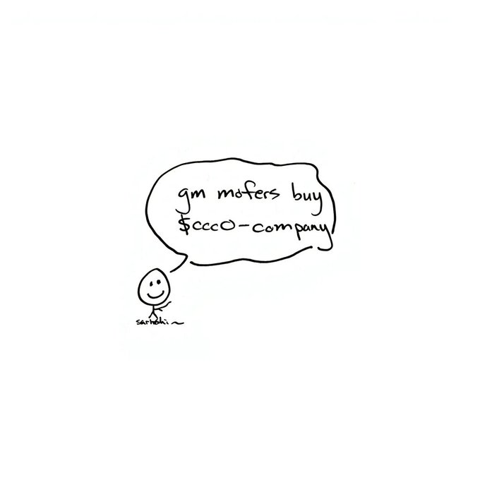 A simple hand-drawn stick figure smiling with a speech bubble containing the text 'gm motors buy $ccco-company' and a small signature 'sarathi' beneath.