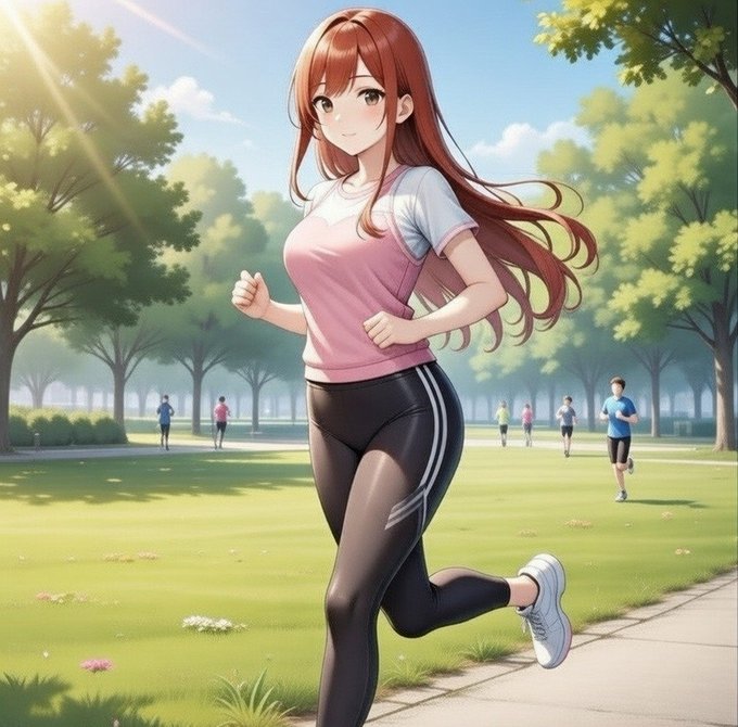 An anime-style illustration depicts a young woman with long brown hair jogging through a sunny park, wearing a pink and white shirt and black athletic leggings.