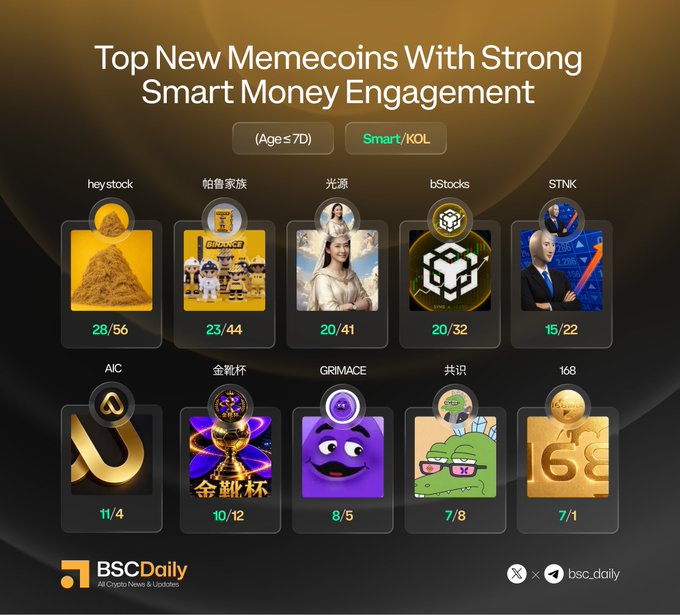 The image features a poster or infographic displaying various meme coins with names such as Grimeace, Stinkstock, AIC, GoldenBootFlap, BScDaily, STK, and soOn. Each coin has a description or explanation of its purpose, indicating that these meme coins are related to smart money management. The top most text on the poster reads "Top New Memecoins With Strong Smart Money Engagement". This indicates that there is a collection of meme coins that are considered innovative in terms of money management and investing strategies.