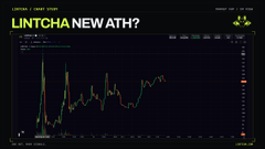 A crypto price chart on a dark background showing a LINT (Lintcoin) ATH (All-Time High), with 'LINTCHA NEW ATH?' displayed at the top.