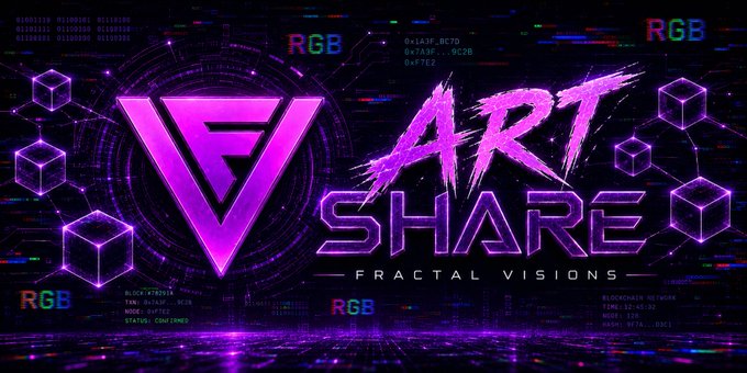 The image features a purple logo with a triangle shape, which reads "Art Share" in white letters. Below the logo, there are small purple cubes scattered throughout the image. The background of the image is black, but there are some colorful elements present as well.