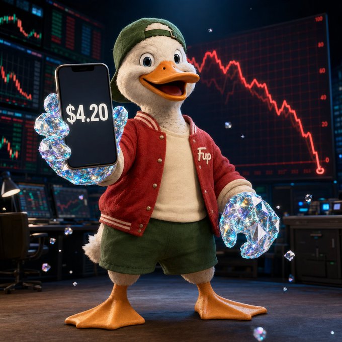 A duck mascot character wearing a green cap and red varsity jacket with 'Fup' on it, holding a phone displaying '$4.20' in one crystal-like hand, set against a backdrop of stock charts showing a downward trend.