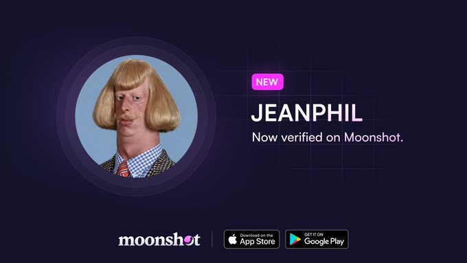 A promotional graphic for Moonshot app displays a character with a bowl haircut and mustache in a circular frame, with text announcing "JEANPHIL - Now verified on Moonshot" marked as "NEW," alongside App Store and Google Play download buttons.