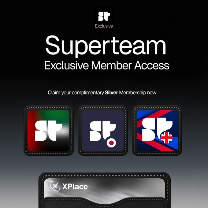 The image showcases an advertisement for a silver membership for Superteam members, highlighting its exclusive nature. Three distinct cards are presented side by side within the digital design of the website. The cards feature various graphics and logos, such as airplanes, a suitcase, and the phrase "XPLACE". A caption reads, "Just in: Superteam UAE members get a free XPlace Silver Membership", emphasizing the benefits available to members only.