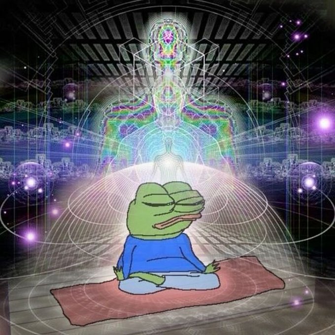 A meme featuring Pepe the Frog sitting cross-legged in meditation on a red mat, with a glowing, multicolored geometric chakra-like figure emanating above him against a cosmic background.
