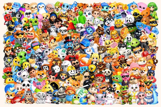 A dense, colorful collage features hundreds of internet meme characters, animals, and cartoon figures packed together.