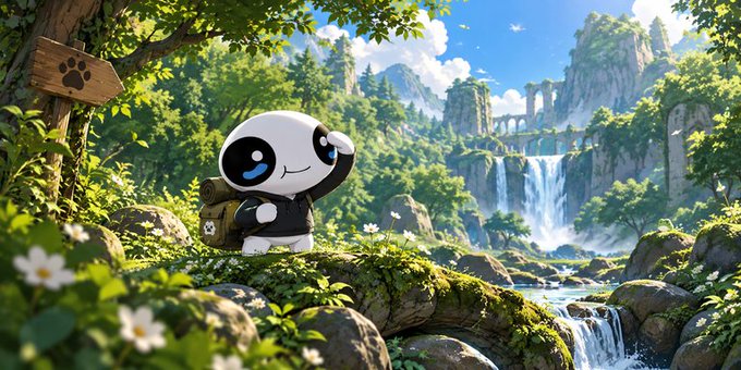 A cute, cartoonish black-and-white panda-like character wearing a backpack, standing in a lush, vibrant fantasy landscape with waterfalls, ancient ruins, and white flowers.