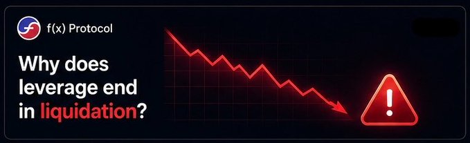 A promotional banner for f(x) Protocol asking 'Why does leverage end in liquidation?' accompanied by a red downward-trending chart and warning icon.