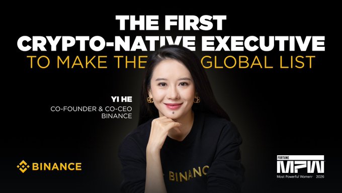 The image features a woman wearing a black shirt who appears to be smiling at the camera, possibly posing for a photo or video. The background of the image is dark, which contrasts with her attire and makes her stand out more. The text on the image reads "The first Crypto-Native Executive to make the global list", indicating that she has been named as one of the most powerful women in business according to Fortune magazine.
