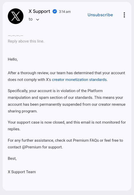 The image shows an email with a logo in red at the top of the screen and "x support team" written below. The main part of the email contains an attachment, but the specific details are not visible within the frame. The focus on the contents of the message is directed towards the post that was suspended on payday. It is unclear if this suspension relates to any social media post or if it has a connection with the attached file.
