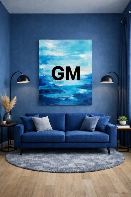 A canvas painting of the letters 'GM' over a blue ocean wave hangs on a blue wall above a blue sofa with throw pillows, flanked by two black lamps.