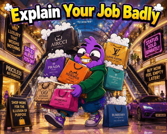 A vibrant cartoon-style graphic titled 'Explain Your Job Badly by pop789' featuring a purple bird character overwhelmed with luxury brand shopping bags (Gucci, Prada, Louis Vuitton, etc.) and satirical signs like 'STATUS SOLD SEPARATELY' and 'LUXURY THAT WEIGHS NOTHING.'