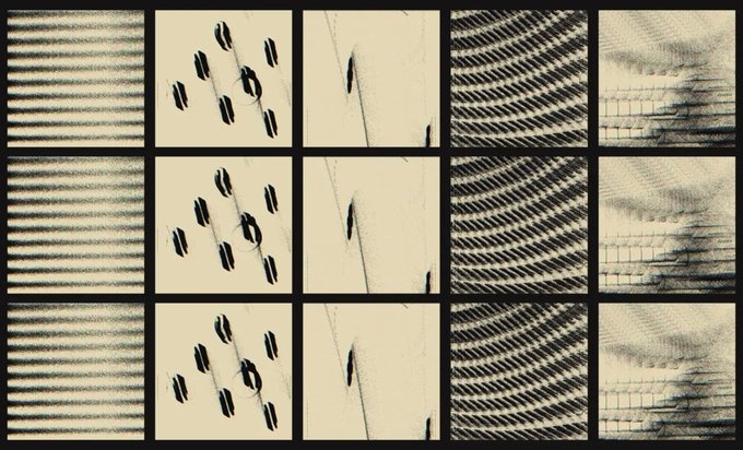 A grid of 12 abstract black and cream images showing various textures including lines, ellipses, single marks, woven patterns, and brick-like patterns.