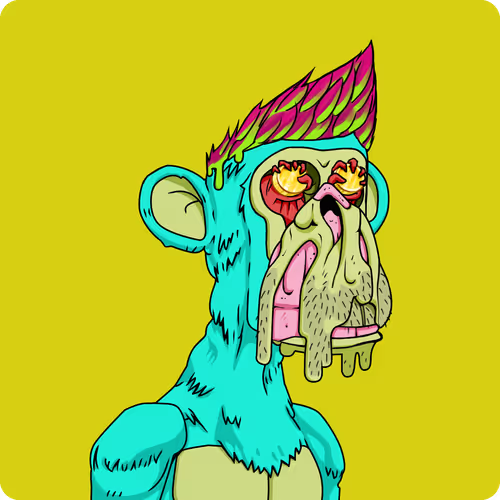 A vibrant cartoon illustration of a teal-colored mutant ape featuring a pink and green mohawk, drooping pink eyes, and an exaggerated open-mouthed expression with melting features, set against a solid yellow-green background. The image represents a Mutant Ape Yacht Club (MAYC) NFT from the Bored Ape Yacht Club ecosystem that the poster proudly acquired to add to their collection.
