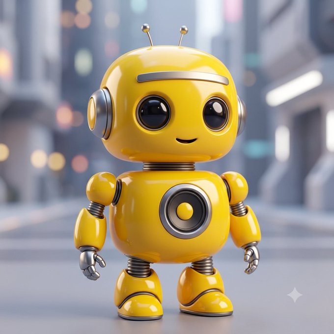 A friendly yellow 3D-rendered cartoon robot character with large black eyes and antennae stands against a blurred city street background.