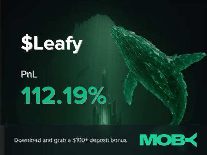 A promotional graphic for Moby Mobile displays a win alert for the trader "$Leafy" with a PnL of 112.19%, alongside an underwater scene featuring a large green whale and sunken city silhouettes. The ad encourages viewers to download the app for a $100+ deposit bonus, visually reinforcing the celebratory "whale" trading win announced in the post.
