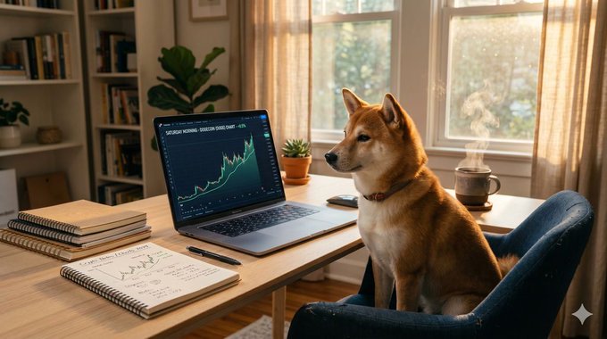 A brown dog sits next to a wooden desk with a laptop, notebooks, and a pen holder containing various pens and pencils, all placed near a window that looks out onto a garden or yard. A plant can be seen behind the dog's head on the left side of the desk. The image shows an office-like setting with a workspace designed for productivity and focus, but currently, it is devoid of any human activity.