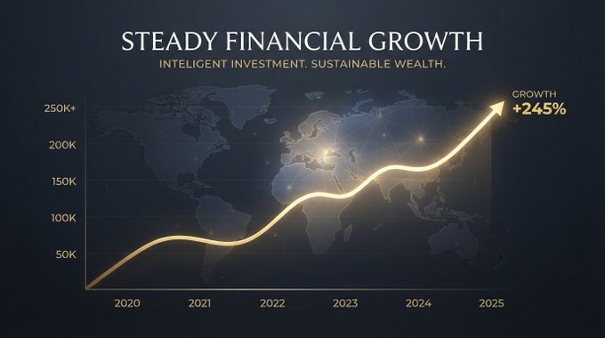 A dark-themed financial infographic showing a 'STEADY FINANCIAL GROWTH' line graph on a world map background, depicting a +245% growth from 2020 to 2025.