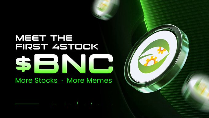 A promotional graphic featuring bold white and green text reading "MEET THE FIRST $STOCK $BNC More Stocks · More Memes" alongside a metallic 3D-rendered coin displaying a green and white dragon logo, which visually aligns with the post's reference to "Dragon One" and the emerging "$BNC" meme stock narrative.