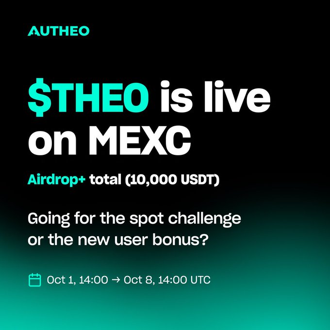 Black and teal announcement graphic stating '$THEO is live on MEXC' for AUTHEO, offering an Airdrop+ totaling 10,000 USDT from Oct 1, 14:00 to Oct 8, 14:00 UTC.