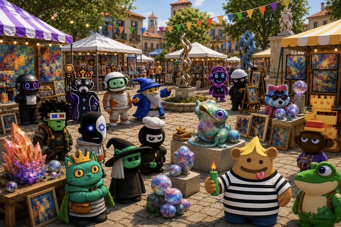 A vibrant festival scene featuring various colorful NFT-style cartoon characters, including royalty, wizards, and animals, gathered around art stalls and crystalline sculptures in a sunny town square.