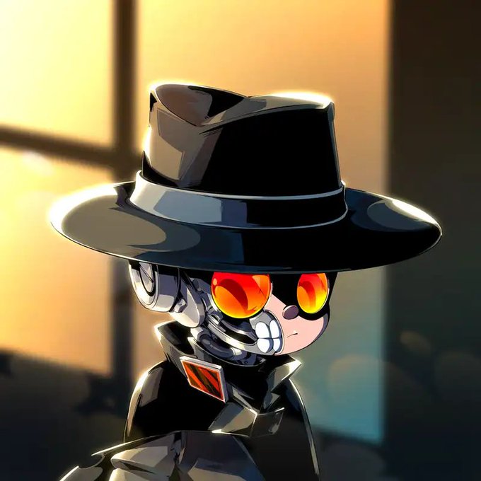 A stylized digital illustration of a cyberpunk character wearing a wide-brimmed black fedora, glowing orange-red visor goggles, and metallic jaw plating, set against a warm sunlit background.