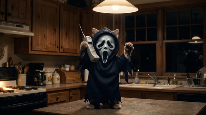 A person in a black cat costume and Ghostface mask stands in a kitchen, holding a cordless phone under a hanging lamp.